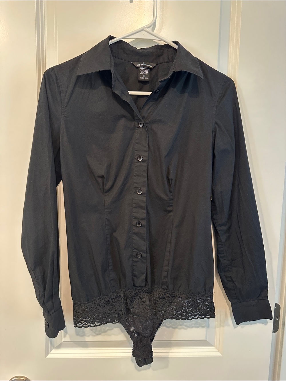 Moda International Black Button-Front Long Sleeve Bodysuit Blouse with Lace Hem